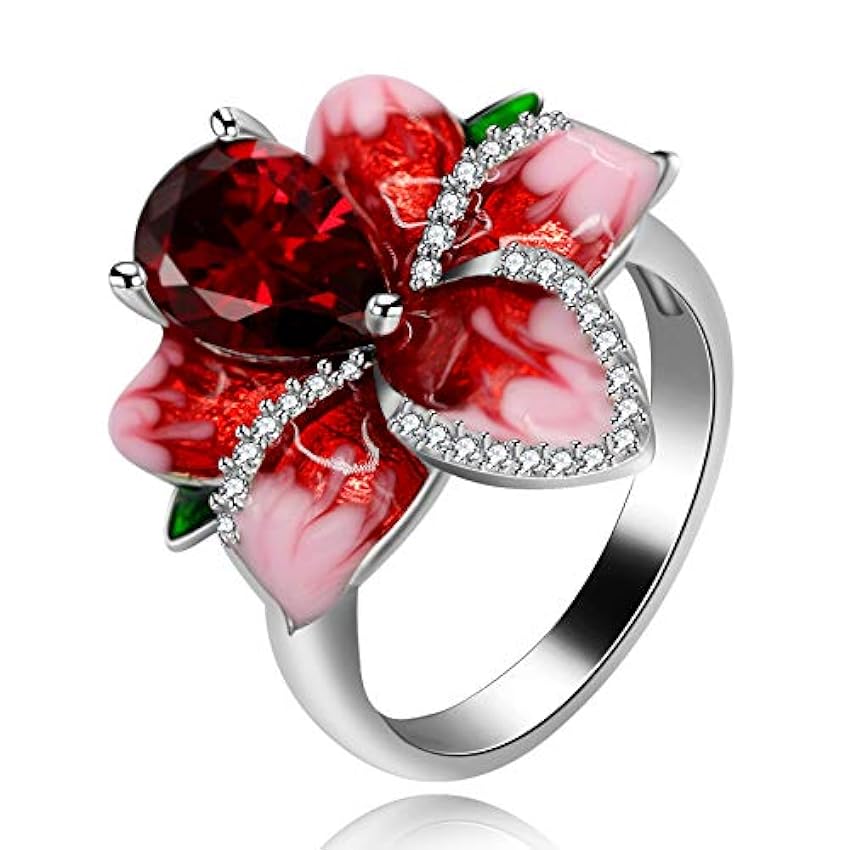 Uloveido Magnifique bague rose en émail rouge pour femme avec fleur et oxyde de zirconium taille poire RA627 pSale68g