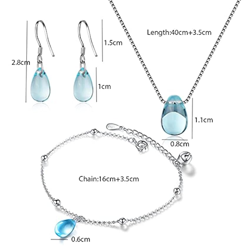 HCMA 925 Argent Simple Mariage Bleu Goutte d´eau Larmes Collier en Cristal + Boucles d´oreilles + Bracelet pour Femmes Ensembles de Bijoux vxHp5BYU