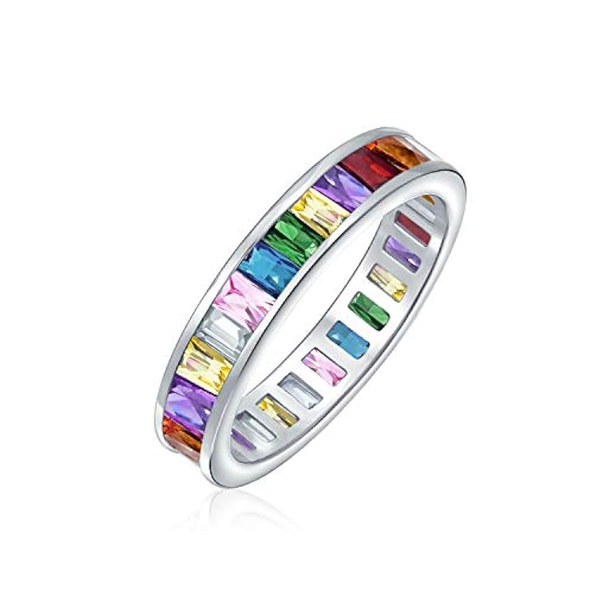 Aaa Cubic Zirconia Jewel Multi Color Simulée Gemstone Channel Set Rectangle Emerald Cut Baguette Cz Eternity Ring Anniversary Wedding Band For Women .925 Argent Sterling 4Mm Stackable Bagues FCmvnB6O