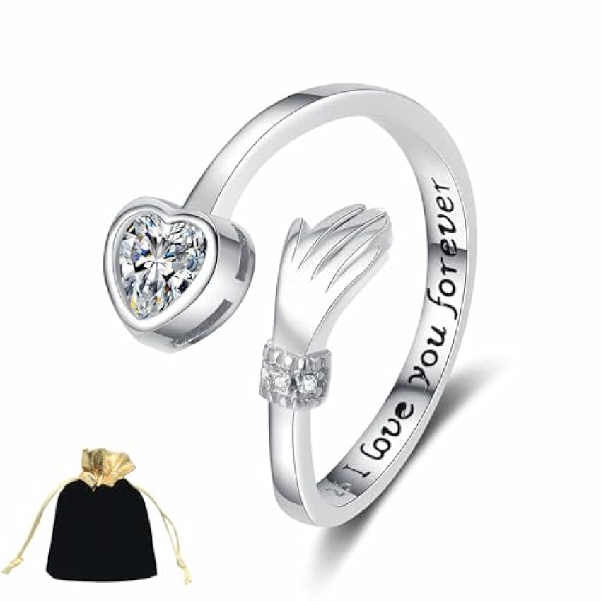 Irikdescia Bague de câlin en forme de cœur avec pochette à bijoux - Bague ouverte réglable en argent pour femme - Cadeau de couple (style diamant blanc) AlTokdfc