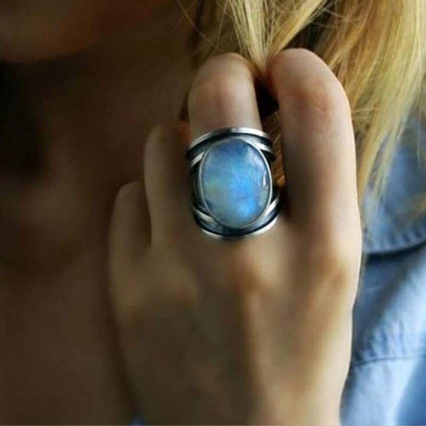 Antique tibétain grand ovale pierre de lune anneau surdimensionné indien guérison cristal opale de feu anneaux pour femmes Vintage bijoux 1Pc taille 6-10 0Eiodxrx