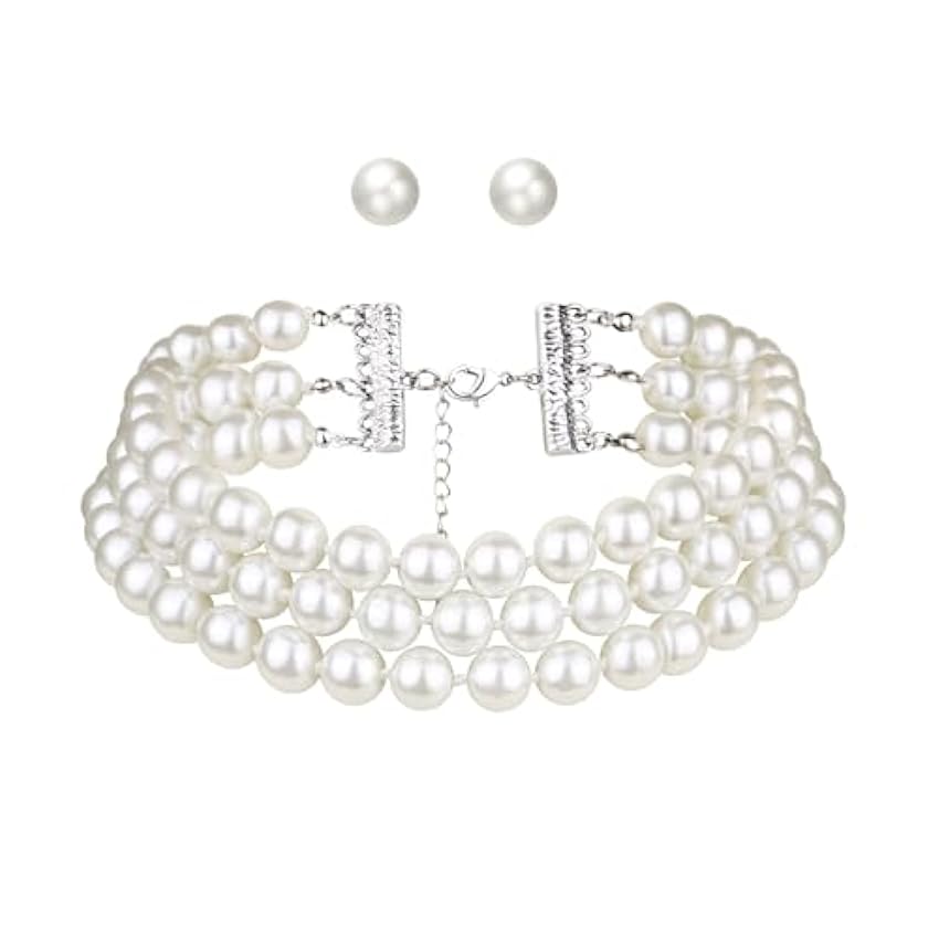 EVER FAITH Ensemble de 3 rangées de perles avec boucles d´oreilles, perles simulées classiques de 10 mm, ensemble de bijoux fantaisie des années 20, pour fête à thème Gatsby, Perle 8OFYOibl
